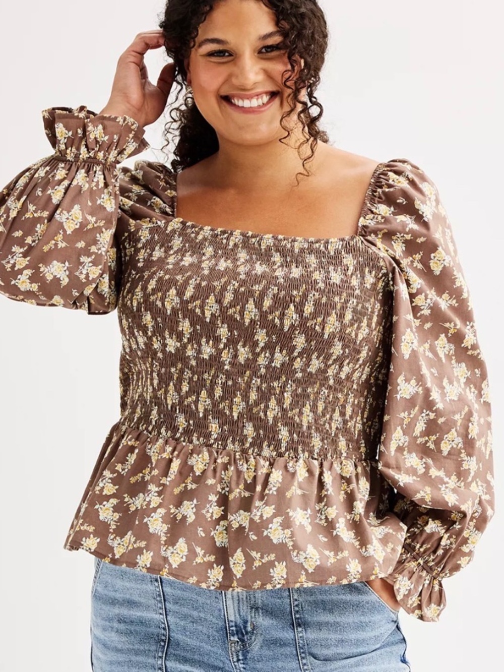 Juniors' Plus Size 2X Dizzy Lizzy Long Balloon Sleeve Smocked Blouse Brown Flora